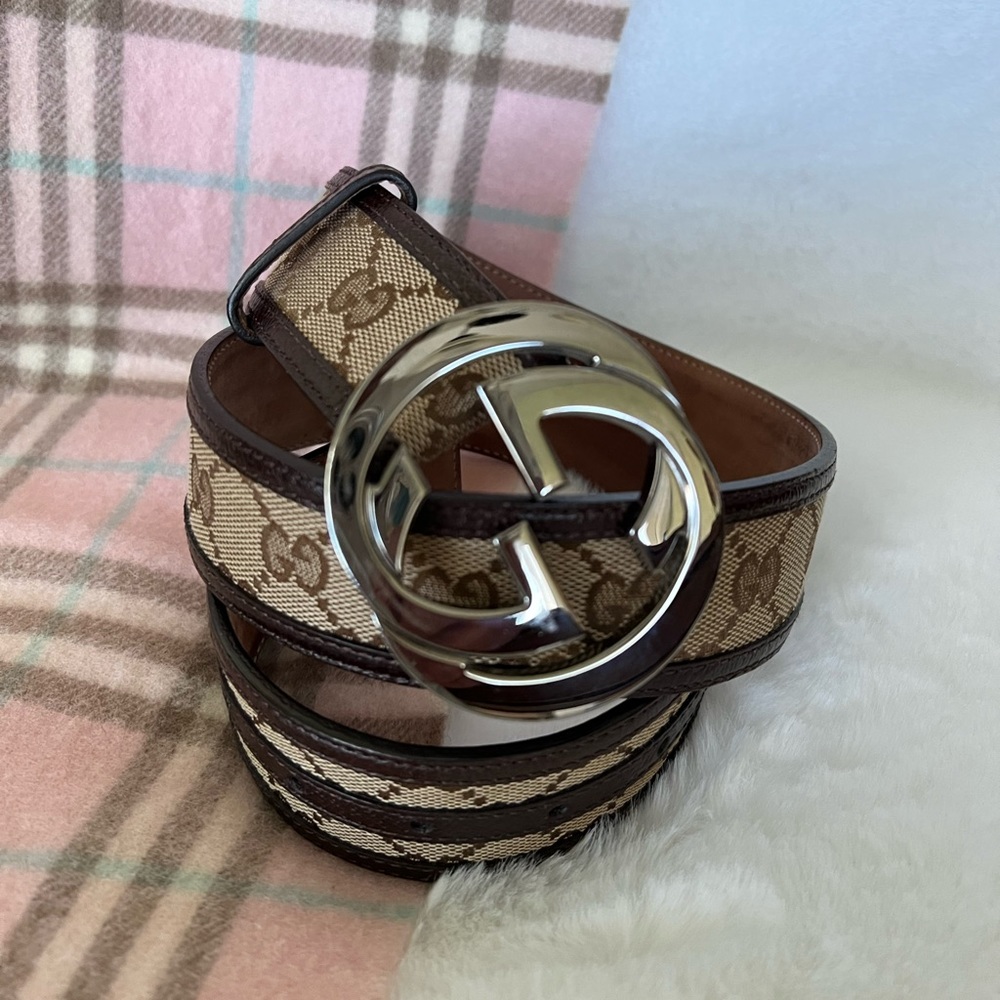 Authentic Gucci Monogram Canvas and Leather Belt size 85